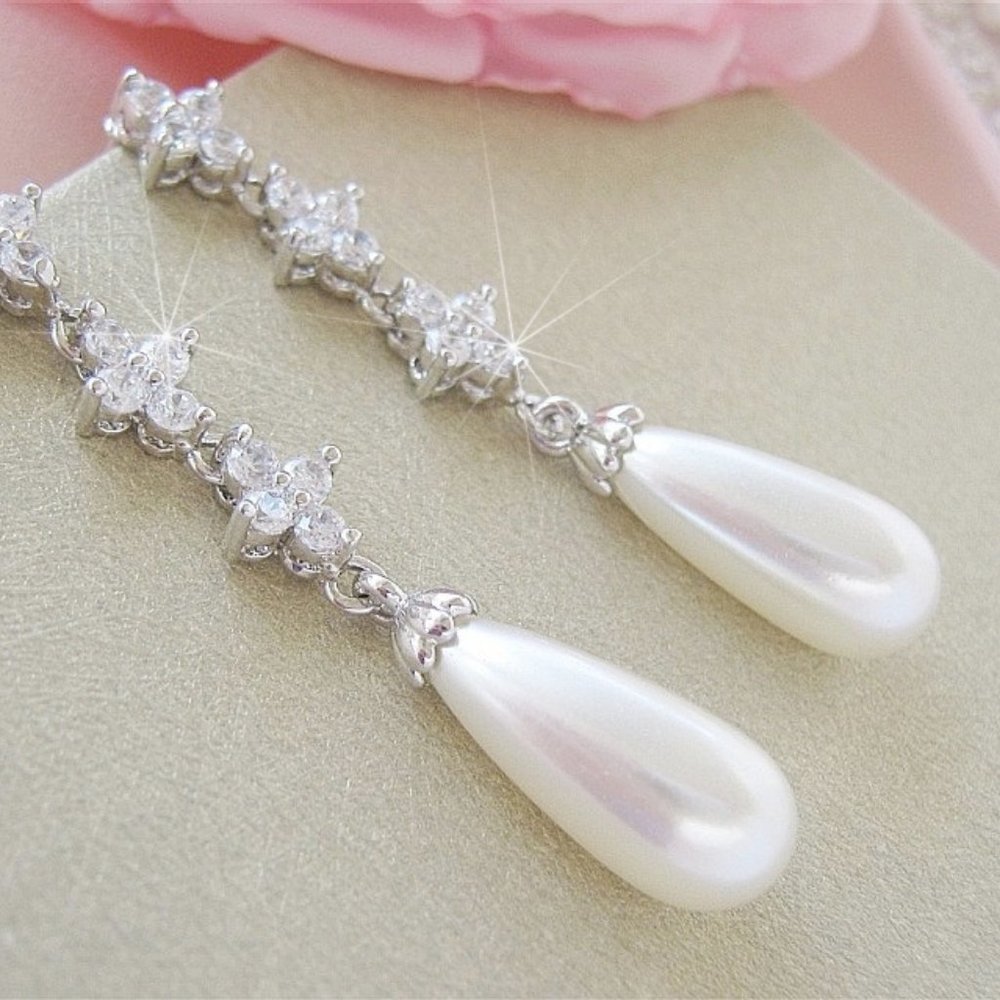 Long Cubic Zirconia Post Stud Earrings With Pearl Drops Nadri Style - Picture 2 of 7